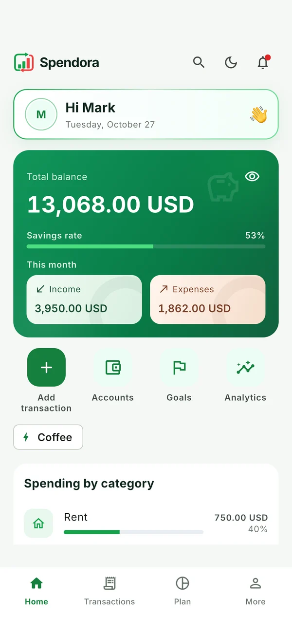 The Spendora app on a phone, showing the total balance and this month’s income and expenses